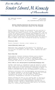 The June 2, 1994 press release announcing the launch of Sen. Kennedy's website.